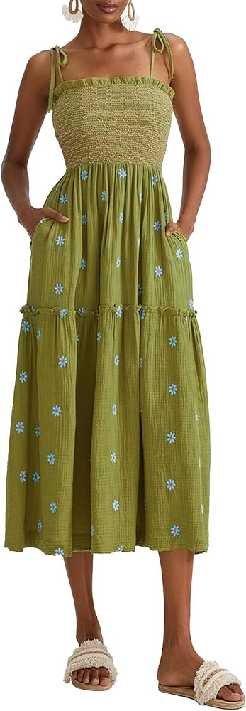 Women Floral Embroidered Maxi Dress Sleeveless Tie Shoulder Smocked Flowy Dress Boho Summer Sundr... | Amazon (US)