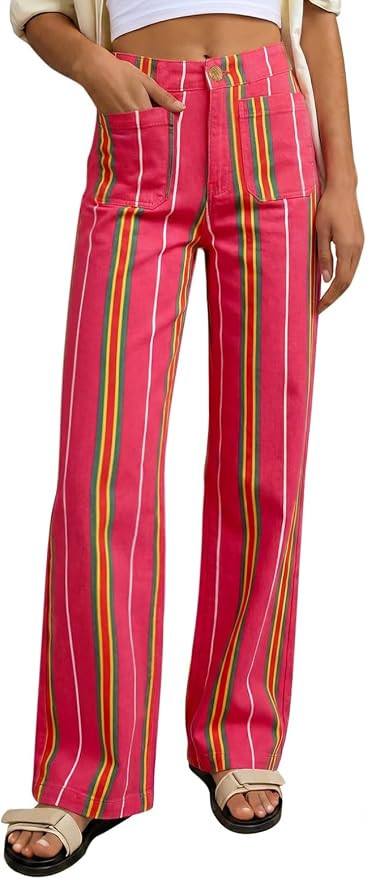 Tankaneo Women's High Waisted Striped Jeans Stretchy Cotton Denim Pants | Straight Leg, Baggy, Y2... | Amazon (US)