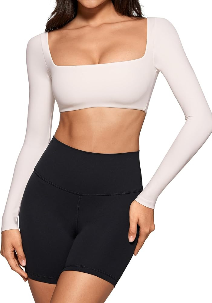 Womens Square Neck Long Sleeve Crop Top Workout Athletic Yoga Basic Tee Bandeau Fitted T-Shirt wi... | Amazon (US)