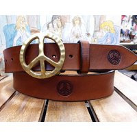Hand Tooled World Peace Sign Handmade Leather Belt | Etsy (US)