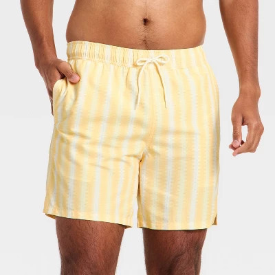 Men's 7'' Patterned Swim Trunks - Goodfellow & Co™ Yellow Geo Stripe XS | Target