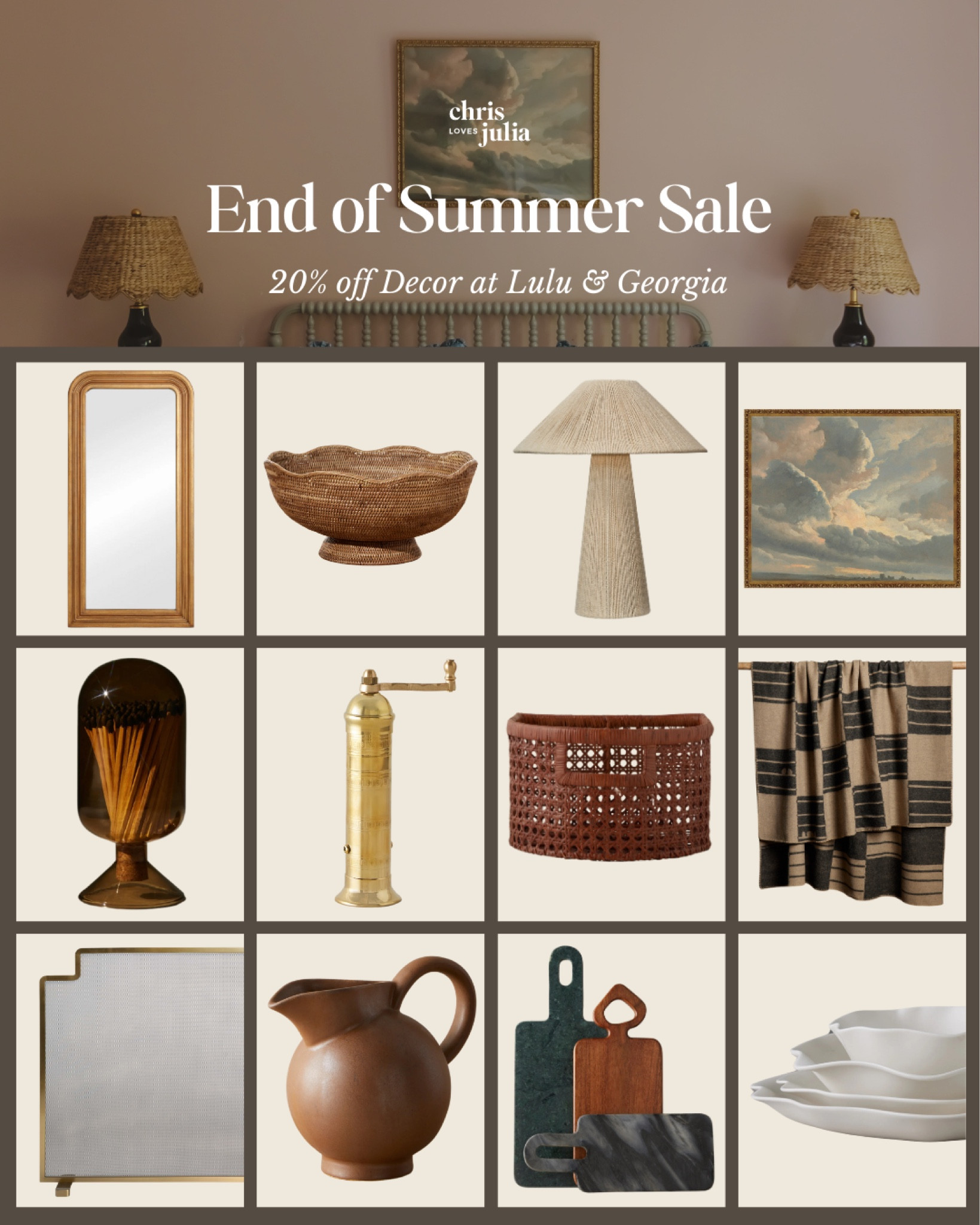 Psst… Lulu & Georgia’s decor sale is gooooood. Linked all of my picks from the sale below! 

Cloud art painting, wicker lamp, wicker footed bowl, floor mirror, match cloche, brass pepper mill, rattan basket, throw blanket, fireplace screen, pitcher, charcuterie board set, dinnerware sett

#LTKSaleAlert #LTKHome #LTKFindsUnder100