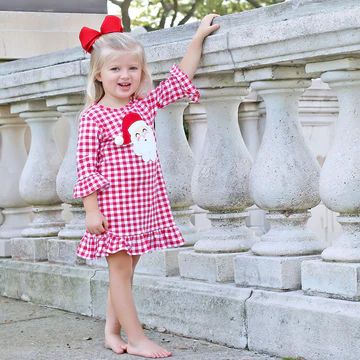 Red Knit Gingham Santa Face Ruffle Dress | Classic Whimsy
