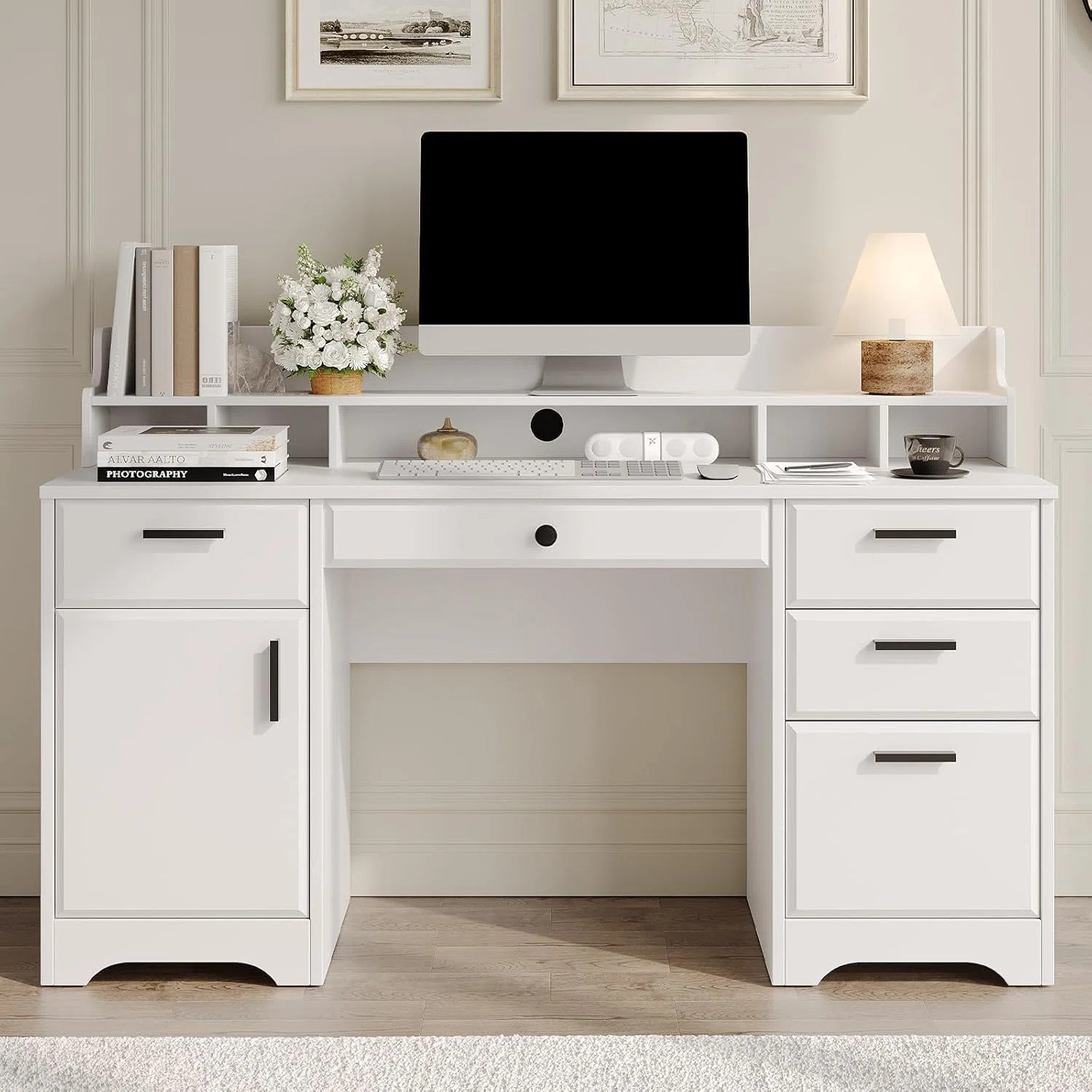 58 Inch  White Executive Desk ,   Home Office Desk with Storage, Rustic Desk | Wayfair North America