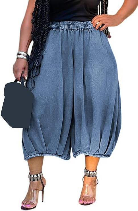 Tbahhir Women's Baggy Jeans Barrel Cropped Elastic Waist Denim Pants Loose Trousers with Pockets | Amazon (US)