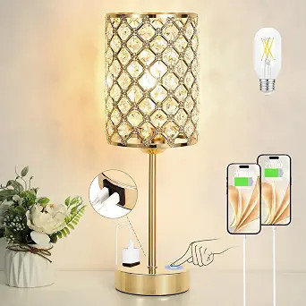 Hong-in Gold Lamps for Night Stands-Crystal Table Lamp with USB-C+A & AC Charging Ports, 3-Way Di... | Amazon (US)