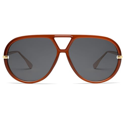 VANLINKER Trendy Polarized Aviator Sunglasses for Women Men Retro Oversized Round Sunglasses Vintage Side Shield Shades VL9798, Reddish Brown/Grey | Amazon (US)