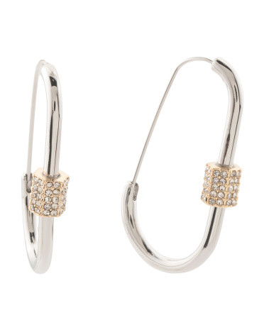 Silver Tone Pave Accent Medium Carabiner Hoop Earrings | TJ Maxx