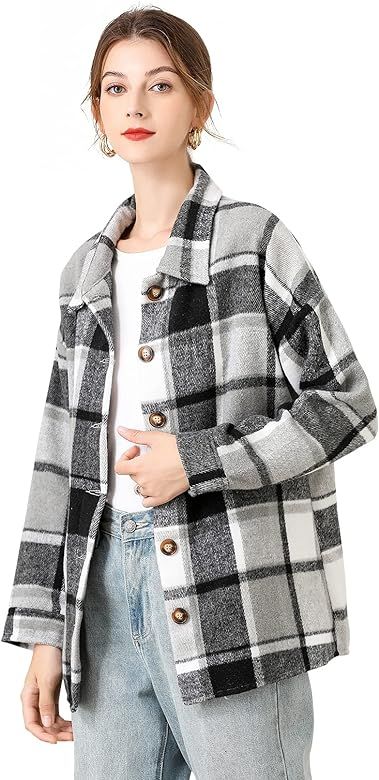 TWOWYHI Shacket Jacket Women Oversized Casual Wool Blend Button Down Long Sleeve Loose Plaid Shir... | Amazon (US)