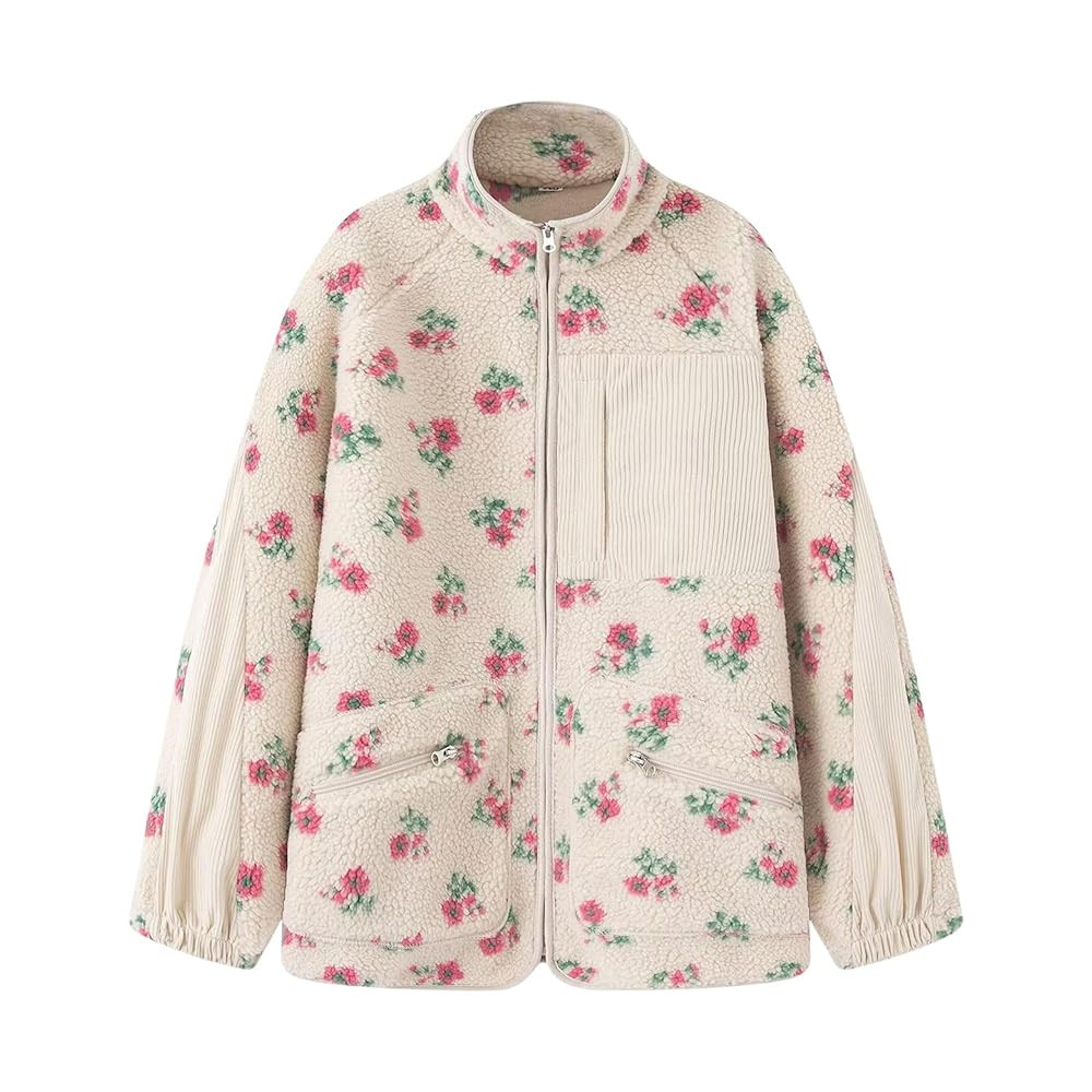 Chevara Women’s Fuzzy Sherpa Jacket Casual Floral Print Stand Collar Long Sleeve Zip Up Oversiz... | Amazon (US)