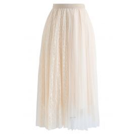 Lace Splicing Tulle Mesh Skirt in Cream | Chicwish