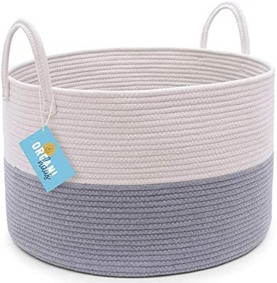 OrganiHaus 3-Toned Cotton Rope Storage Baskets for Laundry and Blankets (Wide (20"x13.3"), Grey/W... | Amazon (US)