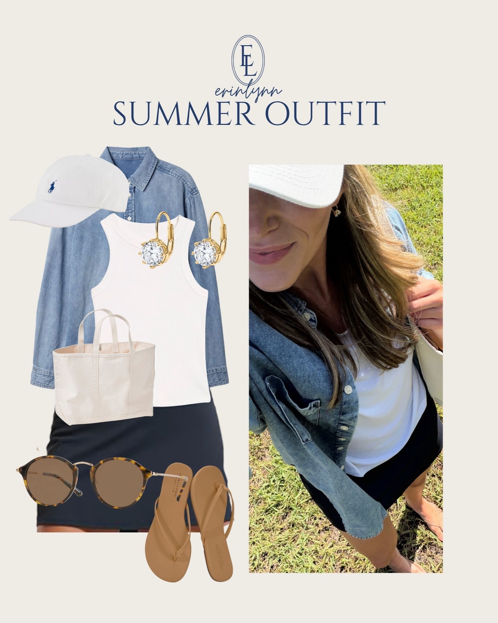 The outfit formula I wear on repeat all summer long.

White tank + denim shirt (size small) + navy skirt (sized up to medium) + flip flops. Easy, classic, and perfect for real life.

white tank, denim button down, navy skirt, LL Bean tote, Ralph Lauren hat, casual summer outfit, classic style, mom outfit
