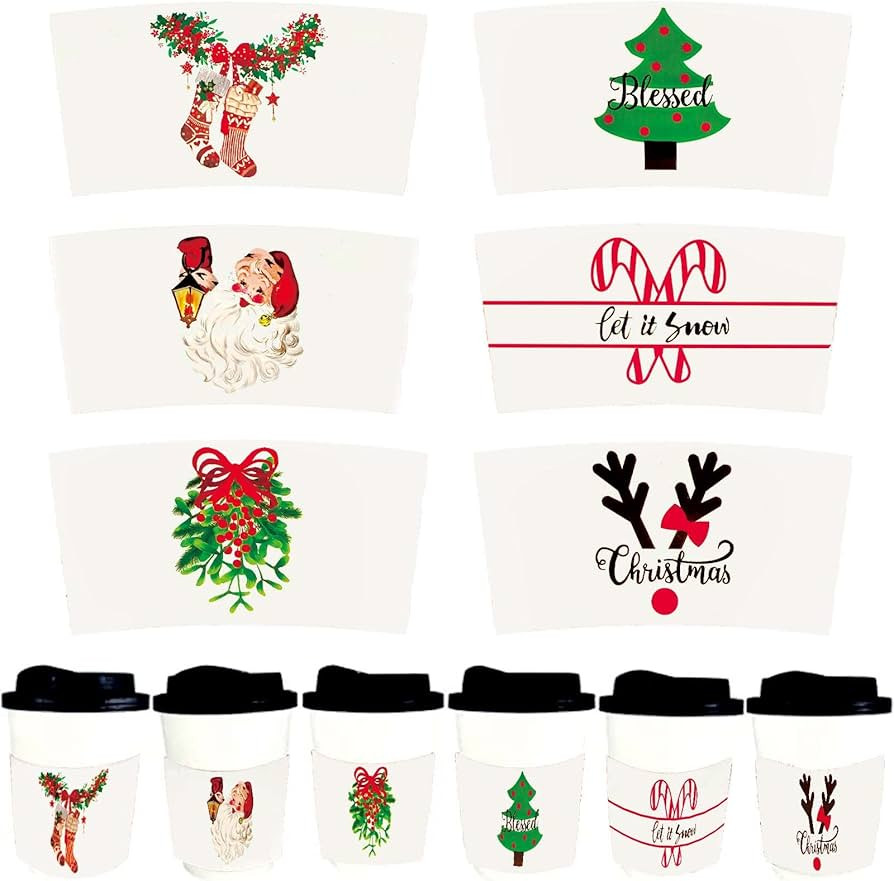 48 PCS Christmas Coffee Cup Sleeves Pack Kraft Disposable Paper Cup Sleeves 6 Designs for 12 and ... | Amazon (US)