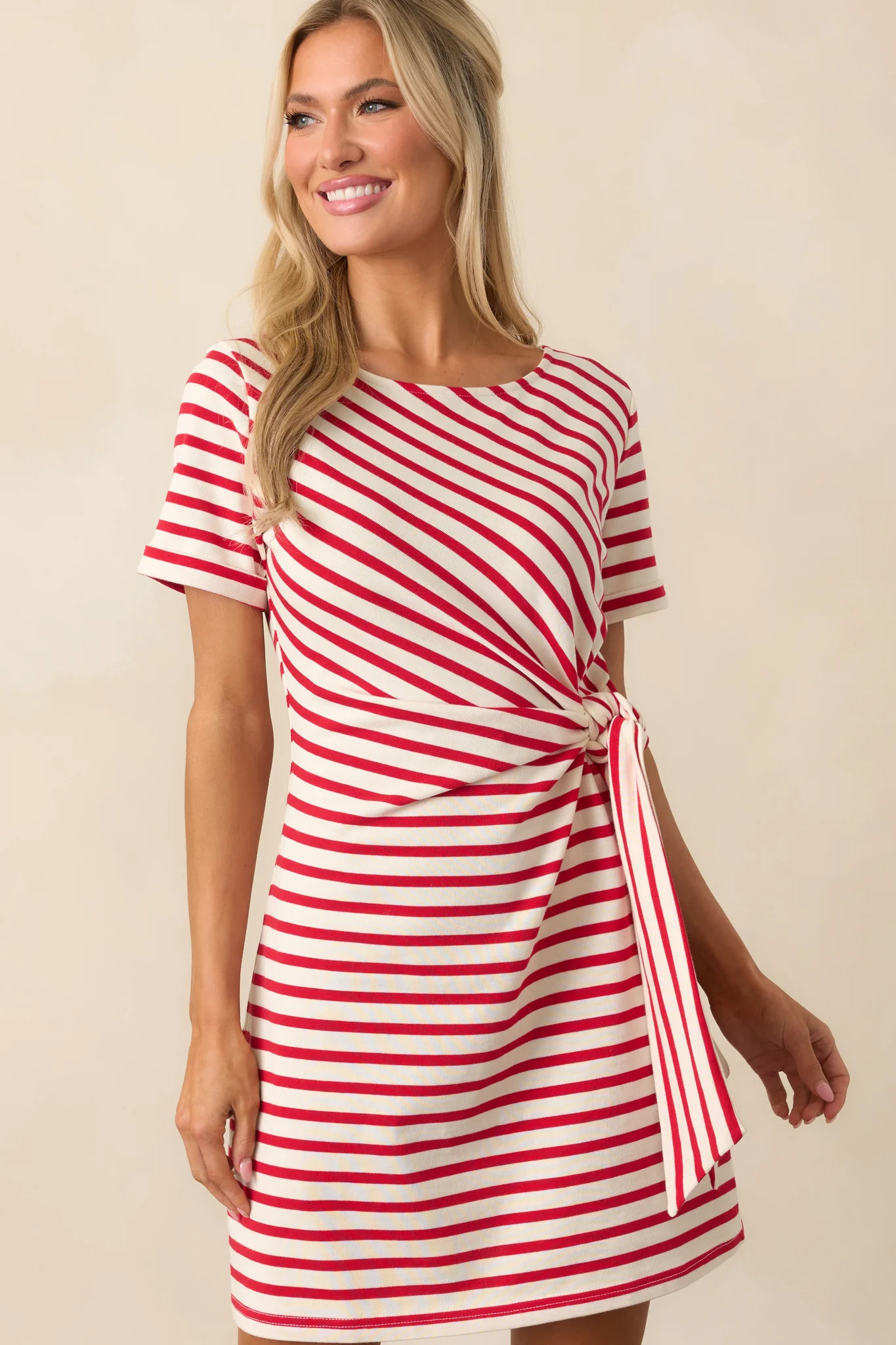 A Little Reminder Red Stripe Cotton Tie-Waist Mini Dress | Red Dress