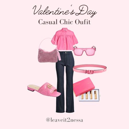 Casual but chic outfit inspiration for Valentine’s Day 
Valentino 
Belt
Gucci slides
Gucci Jolie Sandals 
Michael Kors Denim
Tom Ford Glasses
Tom Ford Sunnies
Brandon Blackwood
Madison Francis kurkdjian
Derek Lam 
Pink shirt
Blue jeans 
Bell bottoms 
Valentine’s Day look
Pink outfit 

#LTKstyletip #LTKGiftGuide #LTKshoecrush