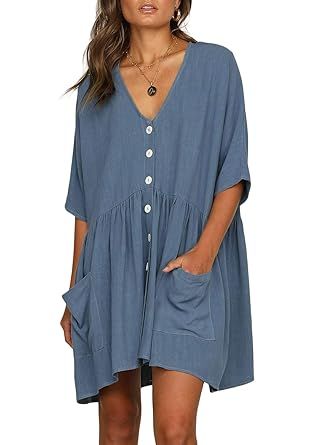 Happy Sailed Women Button Down Short Sleeve Tunic Dress V Neck Loose Caual Shift Dresses with Poc... | Amazon (US)