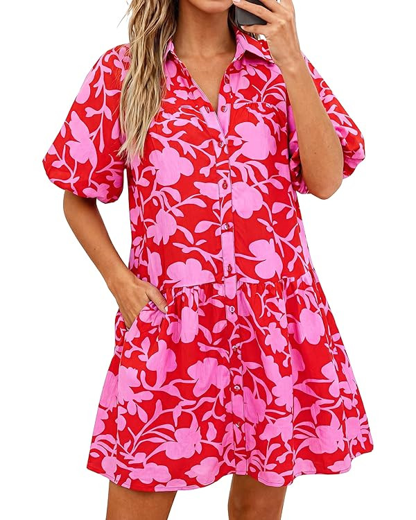 PRETTYGARDEN Womens Summer Dresses 2026 Casual Puff Sleeve Button Down Mini Shirt Dress Boho Flor... | Amazon (US)