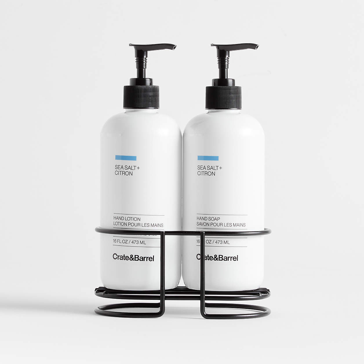 Sea Salt + Citron Hand Soap and Lotion Set with Matte Black Caddy + Reviews | Crate & Barrel | Crate & Barrel