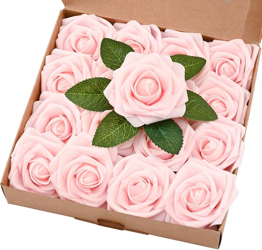BLEUM CADE 16Pcs Artificial Flowers Fake Roses with Stems, Pink Boxed Foam Roses for DIY Bouquets... | Amazon (US)