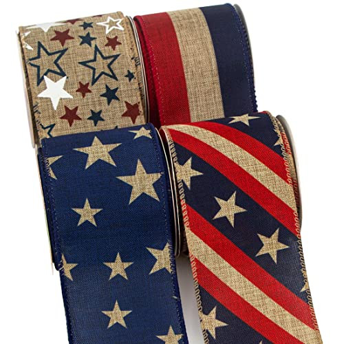 Ribbli Rustic Patriotic Ribbon Wired,4 Rolls Stars and Stripes Burlap Ribbon,2-1/2 Inch Total 60 ... | Amazon (US)