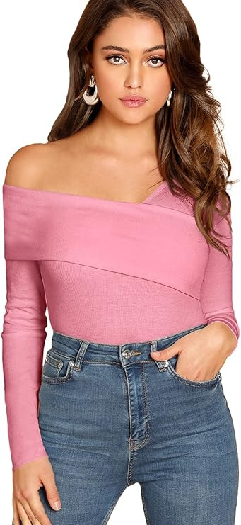 Romwe Women's Casual Cross Off Shoulder Deep V Neck Ribbed Knit Slim Wrap Tee Shirt Blouse | Amazon (US)