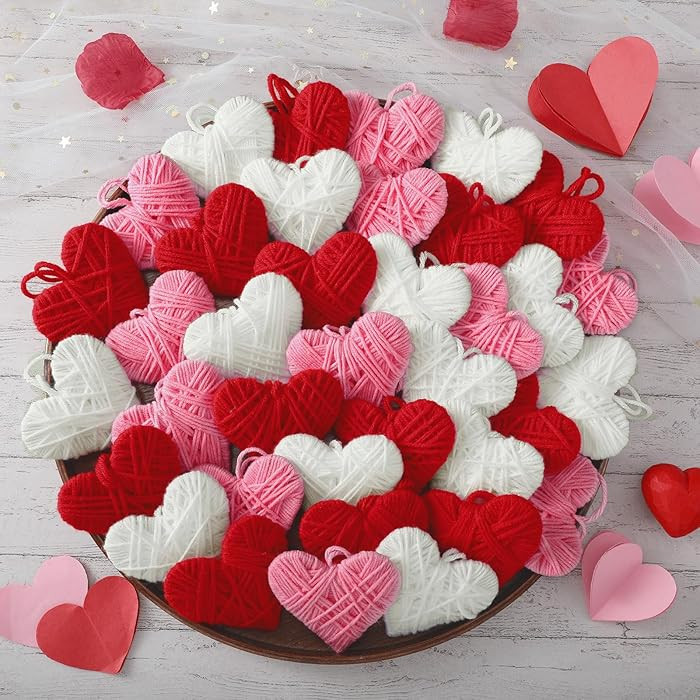 Daifunli 24 Pcs Valentines Day Ornaments Yarn Heart Ornaments Handmade Pink Red White Heart Love ... | Amazon (US)