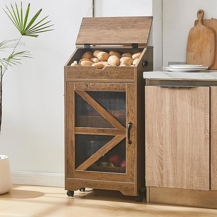 Potato Storage Bin with Wheels, Wood Potato and Onion Storage Cabinet with Lid, Movable Fruit and... | Amazon (US)