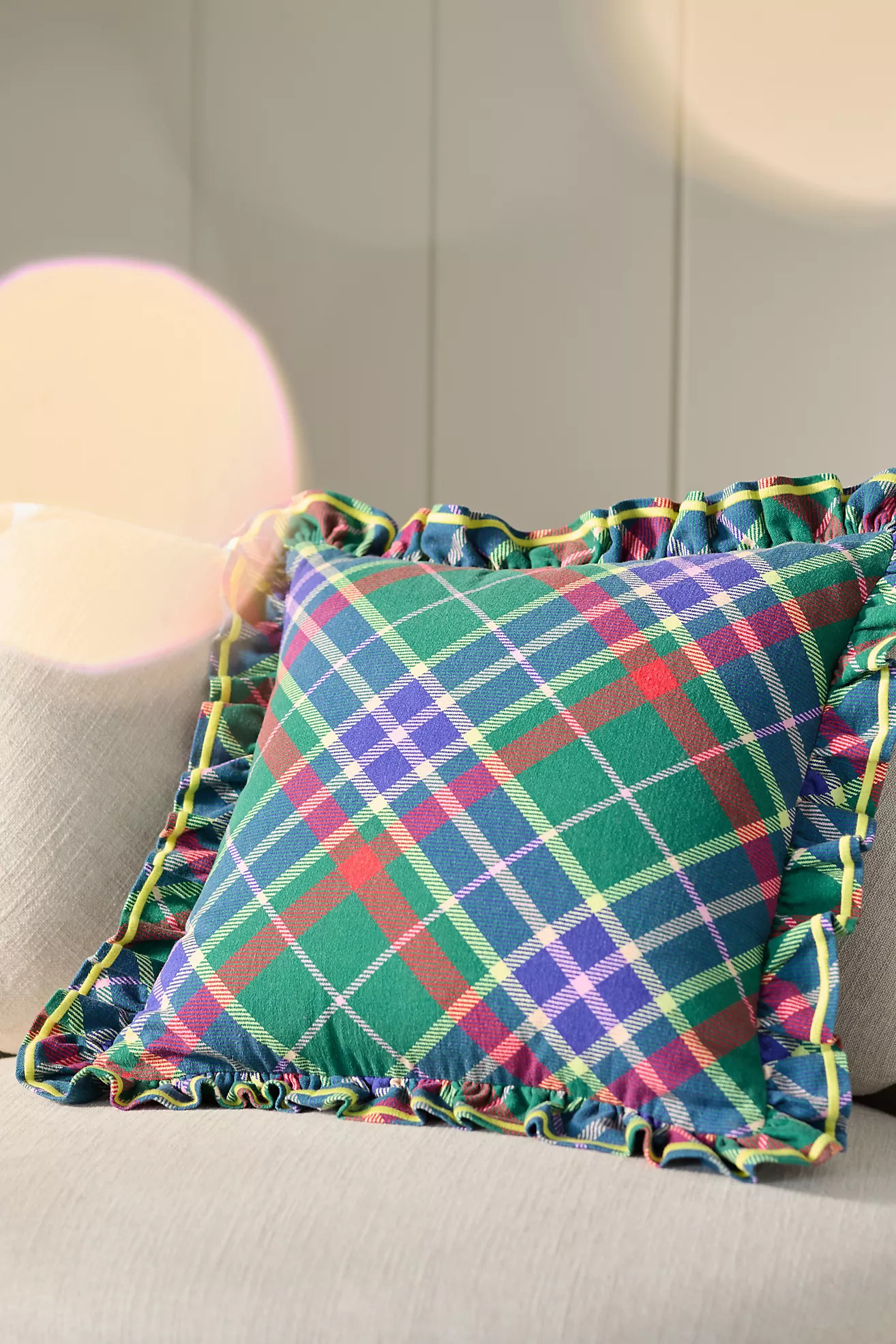Tartan Cotton Embroidered Ruffle Pillow | Anthropologie (US)