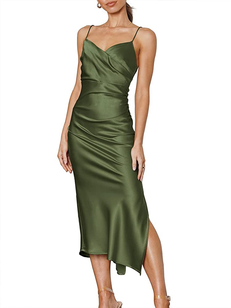 ANRABESS Women Summer Spaghetti Strap Wrap V Neck Ruched Bodycon Satin Slit Cocktail Prom Formal ... | Amazon (US)