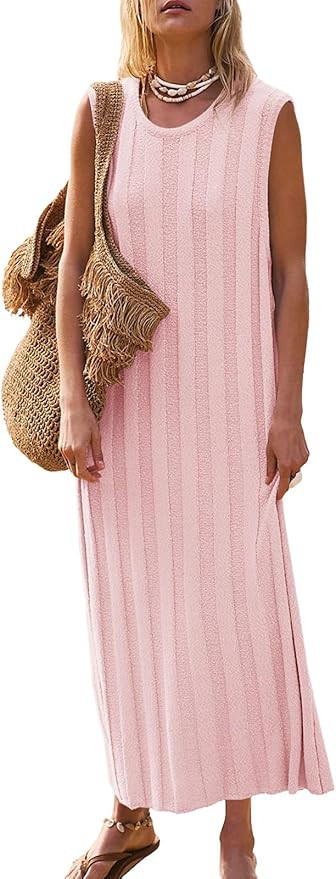 Fisoew Women's Summer Sleeveless Maxi Dress Scoop Neck Ribbed Knit Tank Top Dresses | Amazon (US)