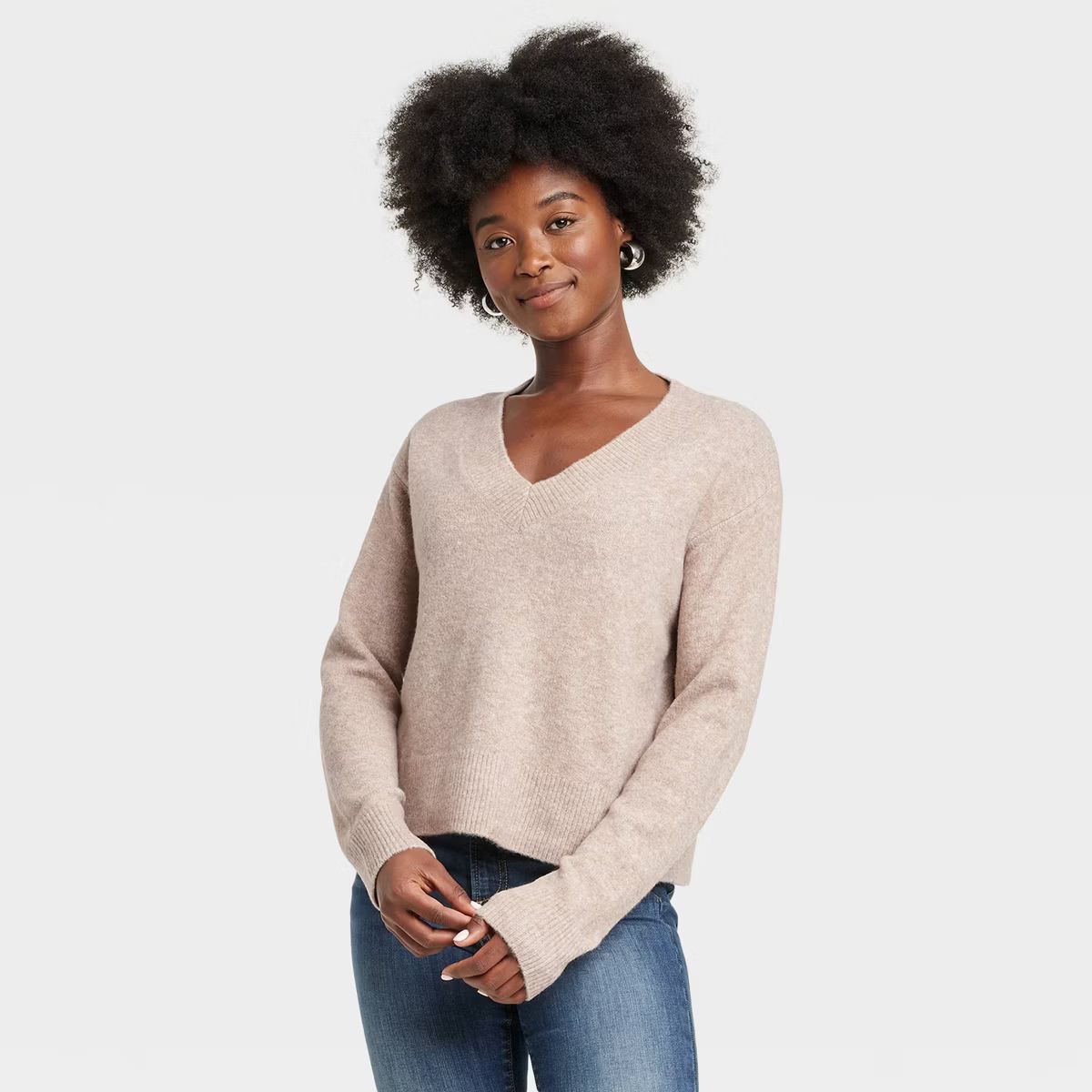 Women's Cozy Knit V-Neck Pullover Sweater - Universal Thread™ Tan L | Target