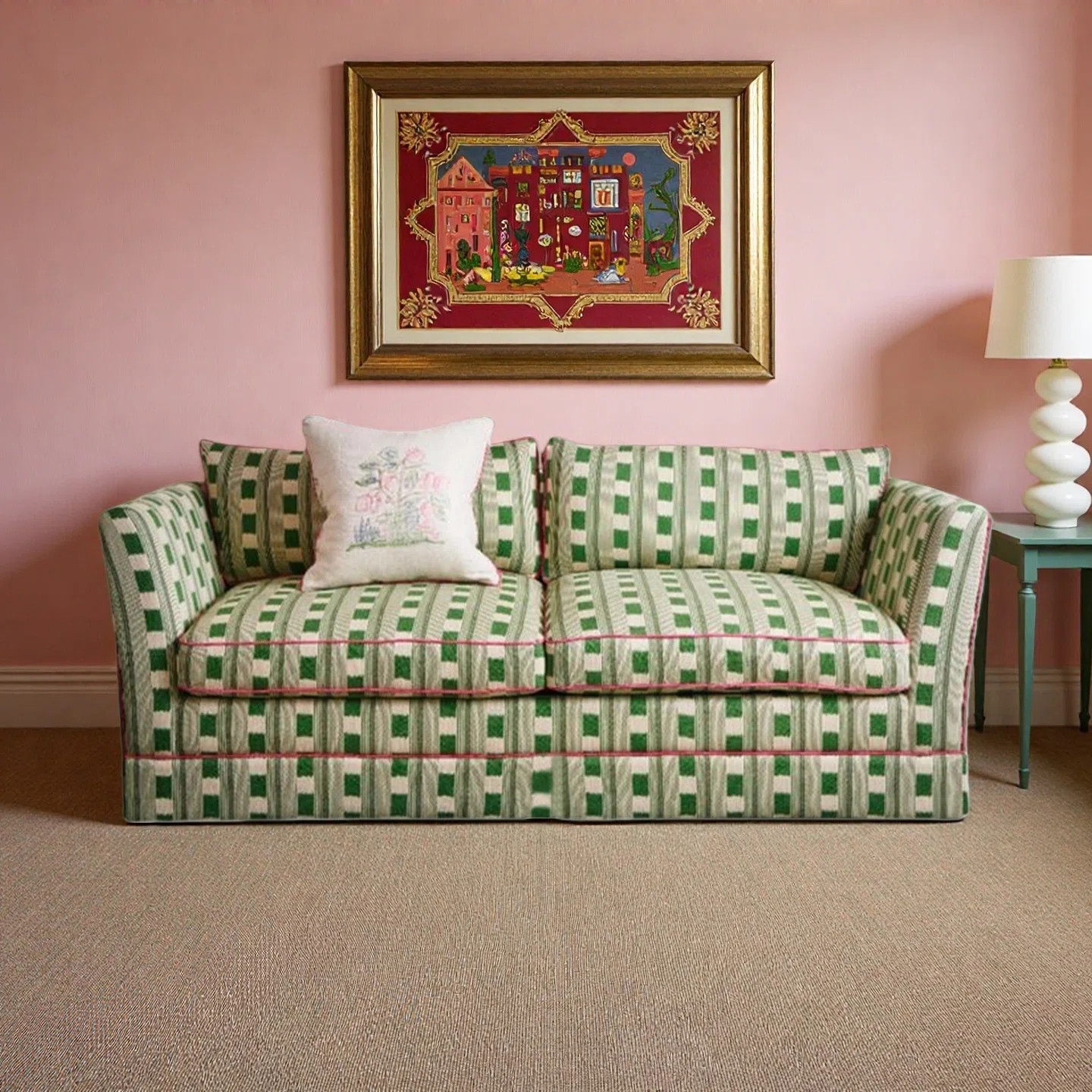 Vintage green checkered straight-backed fabric sofa | Wayfair North America