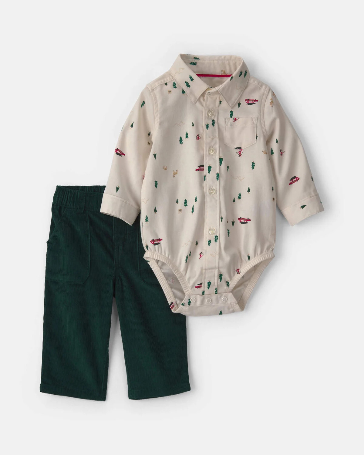Baby Boy 2-Piece Christmas Twill Long-Sleeve Top & Pant Set - Cream/Green | Carter's Inc