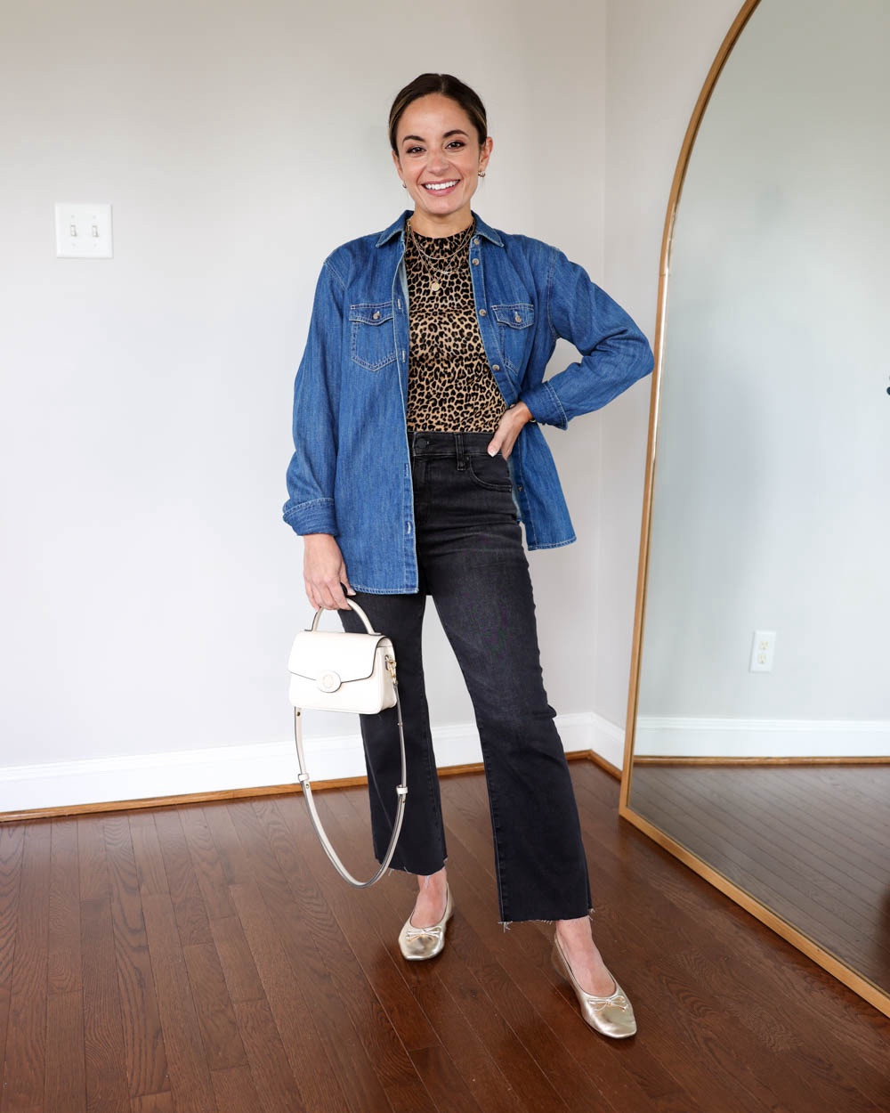 Three different petite-friendly American Eagle jeans!

Outfit 1:
Denim shirt (J.Crew): xxs/00
AE Next Level High-Waisted Kick Bootcut Crop Jean: 00 short - high stretch
Shoes: tts
Tan bag is from Polene, the un in nano textured tan

Outfit 2:
AE Strigid Stovepipe jeans: 00 short - relaxed loose fit - 9.5” rise, 27.5” inseam in short - these also come non distressed
White Top (Madewell): xxs
Shoes: tts

Outfit 3:
AE Stretch Super High-Waisted Ankle Straight jeans: 00 short - runs large
Leopard sweater (J.Crew): xxs
Olive jacket (Abercrombie): xxs (oversized)
Shoes: tts 

My measurements for reference: 4’10” 105lbs bust, waist, hips 32”, 24”, 35” size 5 shoe. 25” inseam measurement to my ankle bone. 

#LTKSeasonal #LTKFindsUnder100 #LTKStyleTip