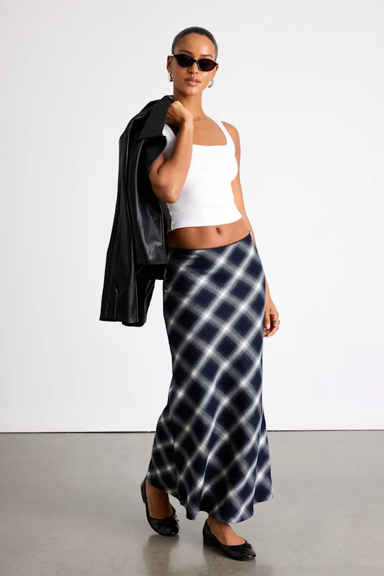 Oziah Navy and Ivory Plaid Mid-Rise Maxi Skirt | Lulus