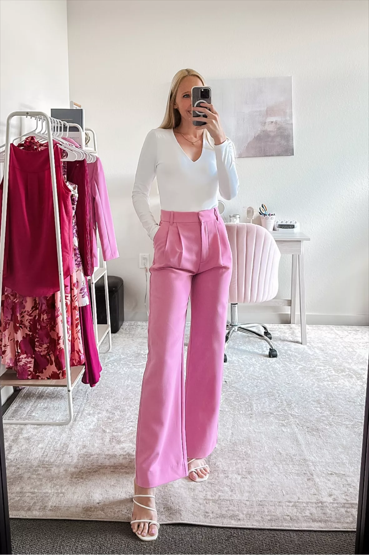 Should I add a pale pink pair of pants to my wish list?  Pink trousers  outfit, Pink pants outfit, Summer work outfits