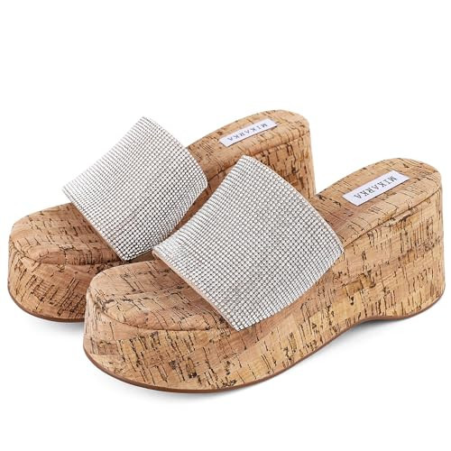 mikarka Slip-On Cork Platform Sandals for Women Dressy Summer, Comfort Rhinestone Strap Open Toe High Heel Slide Wedge Sandals Casual Beach Sandals Mules Sparkly Silver/Cork US Size 8 | Amazon (US)