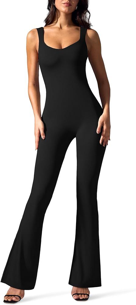 Jumpsuits for Women Tummy Control One Piece Outfit Stretch Flare Leggings Romper | Amazon (US)