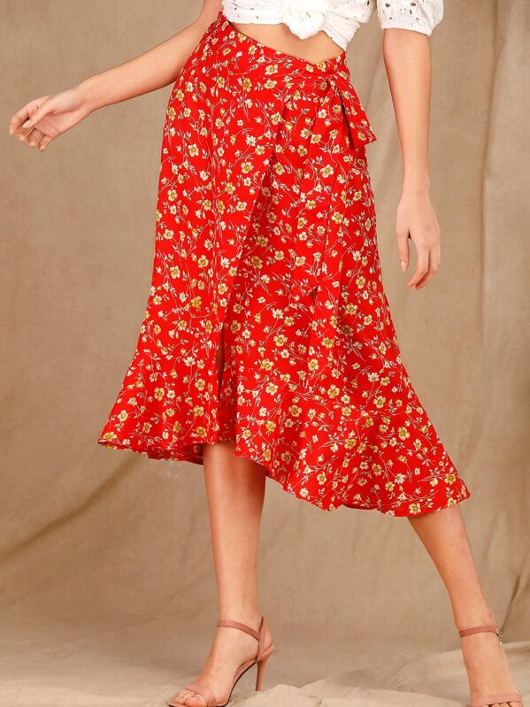 Ditsy Floral Print Ruffle Trim Wrap Skirt | SHEIN
