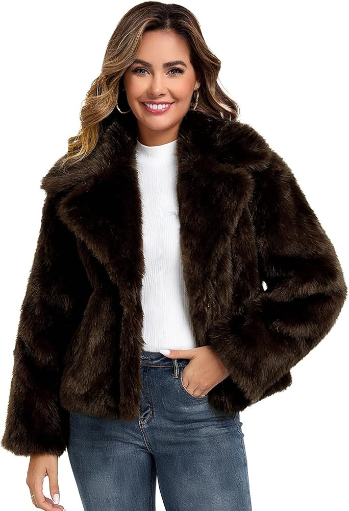 Oymyakon Women Faux Fur Coat Long Sleeve Fluffy Lapel Furry Jackets Winter Shaggy Open Front Shor... | Amazon (US)