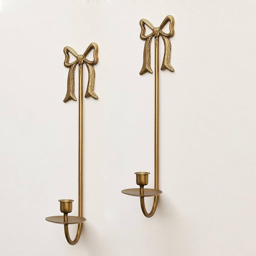 Metal Wall Candle Sconce Holders, Set of 2, Gold, Modern Bow Design, Wall Mount Taper Candle Hold... | Amazon (US)