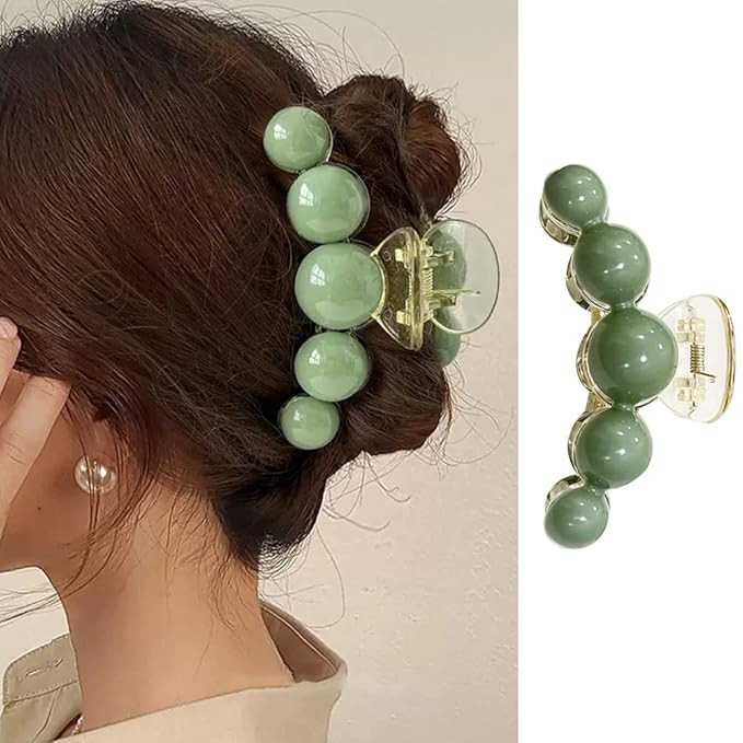 Large Green Pearl Hair Clamps for Women - Elegant Acrylic Hair Crab Clips, Non-Slip Strong Hold f... | Amazon (US)