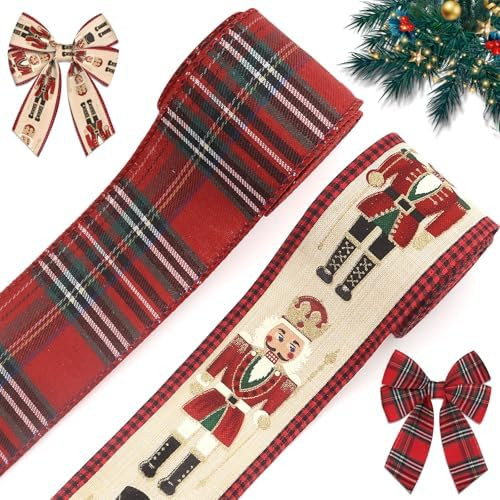 Threetols 2 Rolls 10 Yards Christmas Wired Edge Ribbons, 2.5inch Vintage Red Buffalo Plaid Ribbon... | Amazon (US)