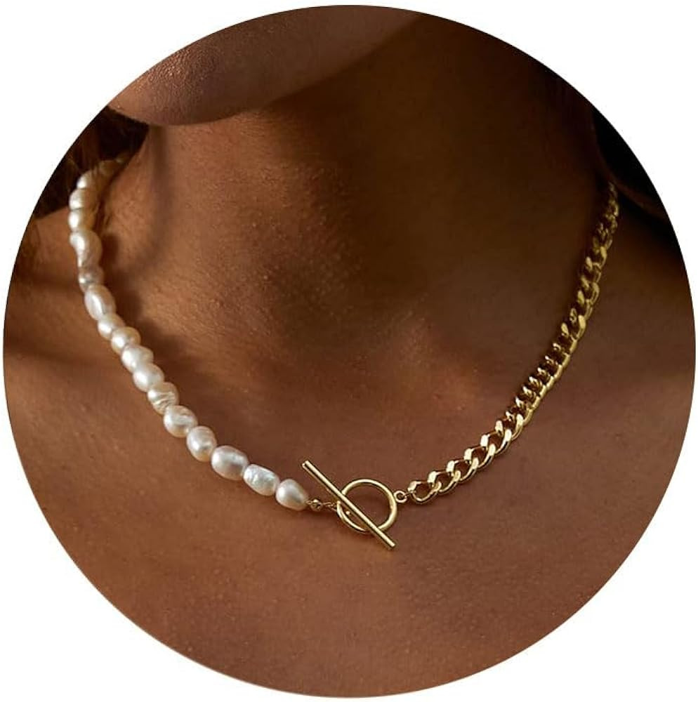 Dainty Pearl Necklaces for Women 14K Gold/Silver Plated OT Clasp Pearl Necklace Shining Twisted R... | Amazon (US)