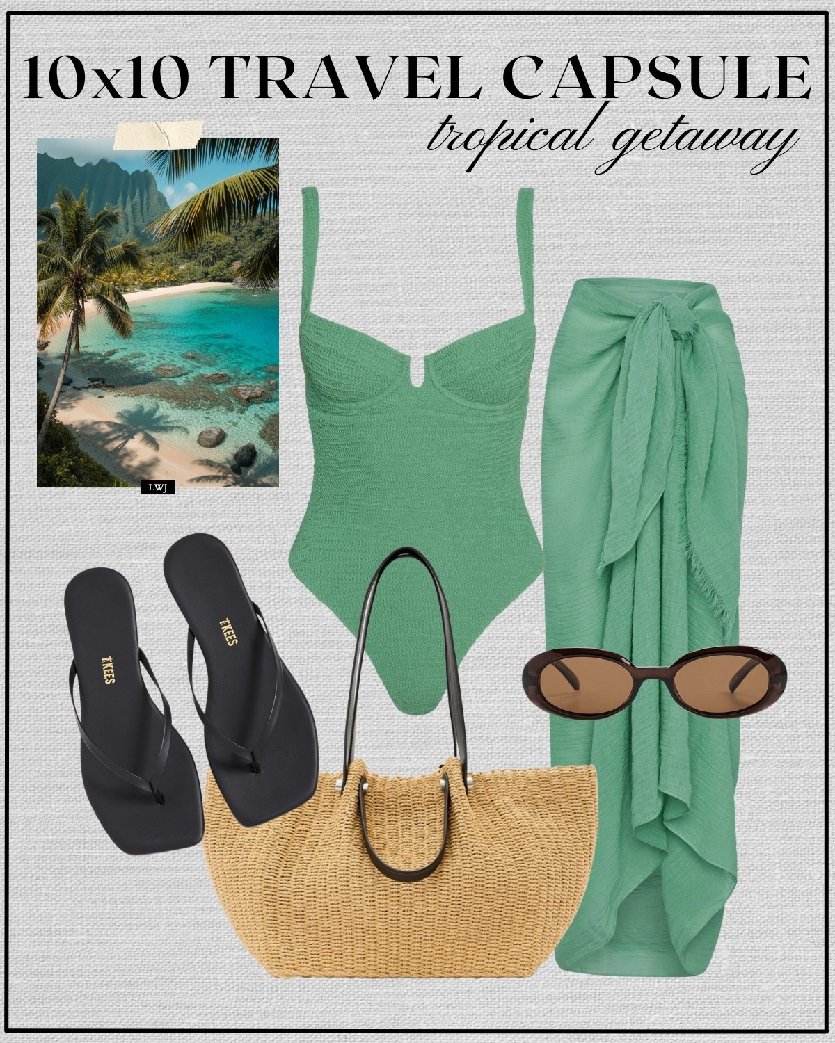 tropical getaway outfit 

sea green one piece swimsuit/ sarong / black tkees sandals / straw tote bag / sunglasses / beach outfit / pool outfit 

 

#LTKTravel