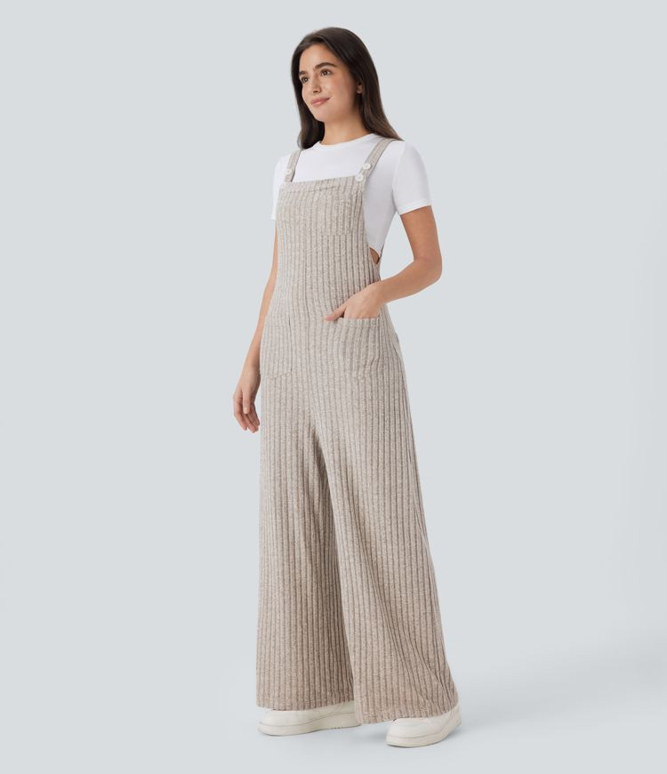 Women’s Ribbed Knit Adjustable Strap Button Multiple Pockets Casual Overalls - Halara | HALARA