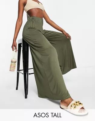 ASOS DESIGN tall jersey palazzo beach pants in khaki | ASOS (Global)