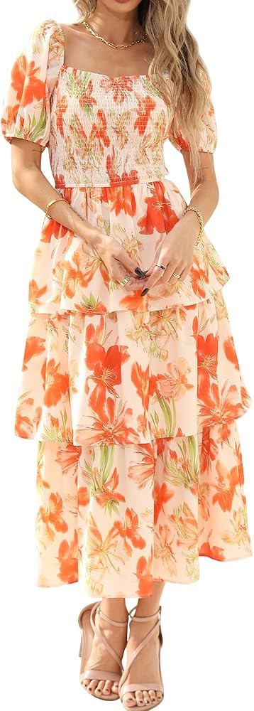 BTFBM Womens Square Neck Smocked Dress Summer Puff Short Sleeve Floral Casual Ruffle Tiered Maxi ... | Amazon (US)