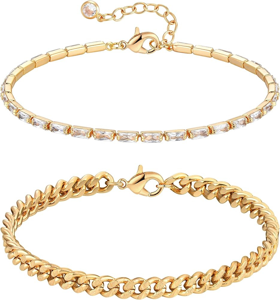 Bracelet for Women Gold Layered Set 14K Gold Filled Stackable Bracelets Trendy Figaro Satellite C... | Amazon (US)